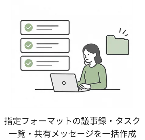 指定フォーマットの議事録・タスク一覧・共有メッセージを一括作成