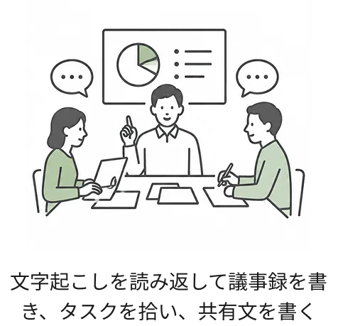 文字起こしを読み返して議事録を書き、タスクを拾い、共有文を書く