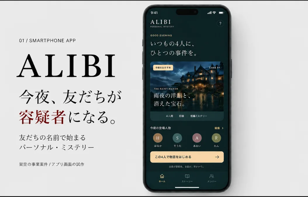 架空の事業案件「ALIBI」のアプリ画面の試作
