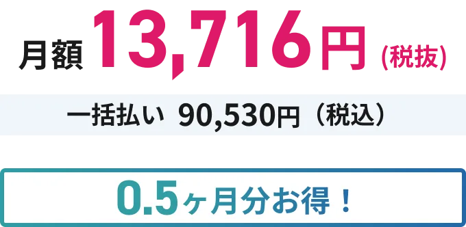 月額13,716円(税抜) 一括払い90,530円(税込) 0.5ヶ月分お得