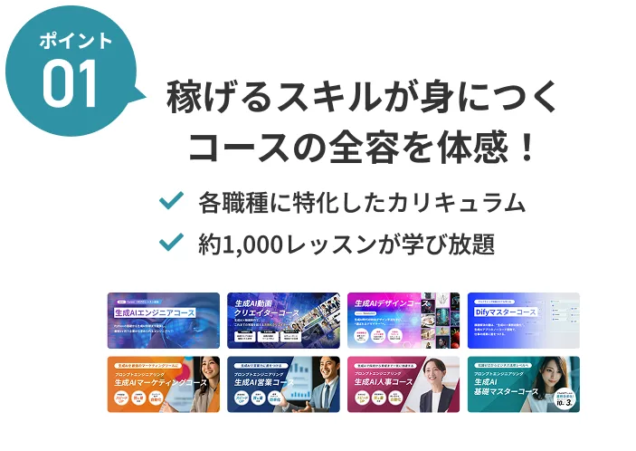 ポイント01 稼げるスキルが身につくコースの全容を体感！ 各職種に特化したカリキュラム／約1,000レッスンが学び放題