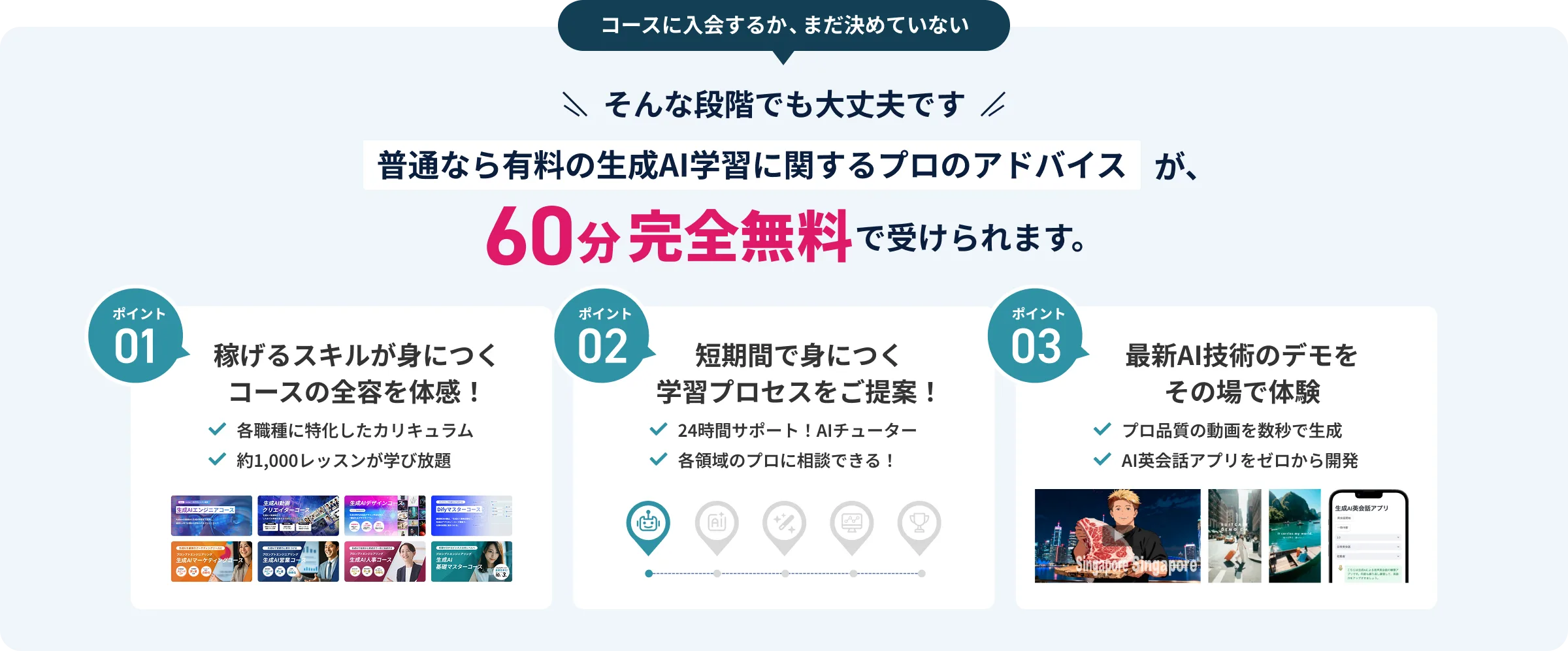 普通なら有料の生成AI学習に関するプロのアドバイスが、60分完全無料で受けられます。