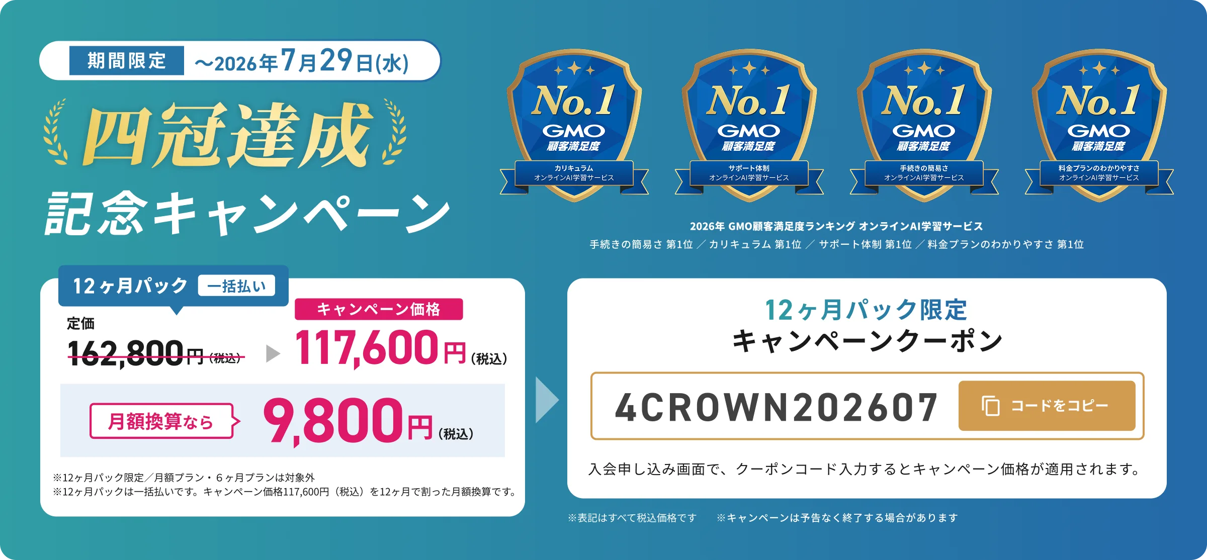 期間限定 四冠達成記念キャンペーン 12ヶ月パック限定 キャンペーンクーポン 4CROWN202607