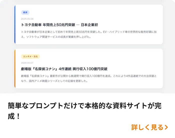 簡単なプロンプトだけで本格的な資料サイトが完成!